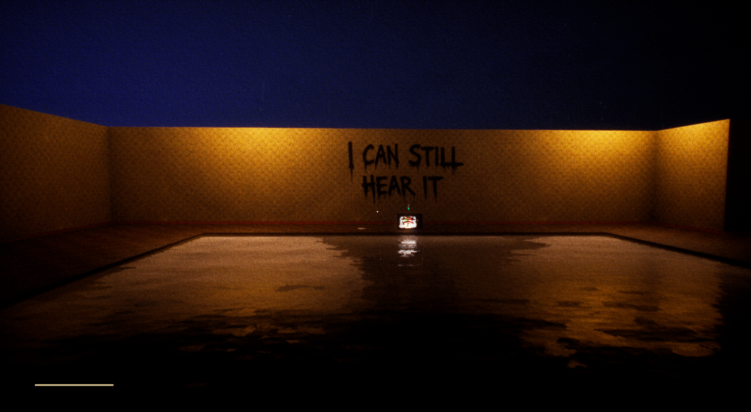 A vast chamber, the words 'I can still hear it' painted on the far wall above a small flickering television