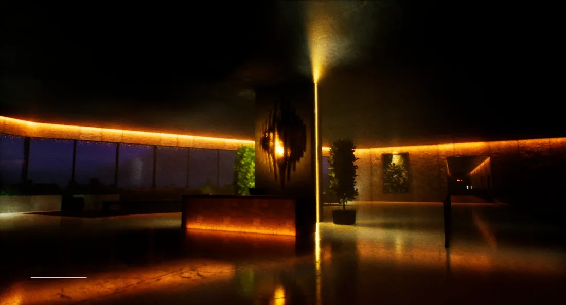A dark hotel lobby at night, an empty reception desk lit by warm amber cove lighting reflected in polished floors