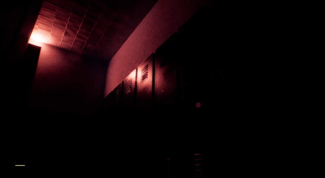 A red-lit room with rusted lockers