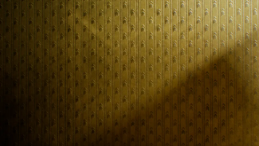 Gold wallpapered corridors stretching into a starless sky
