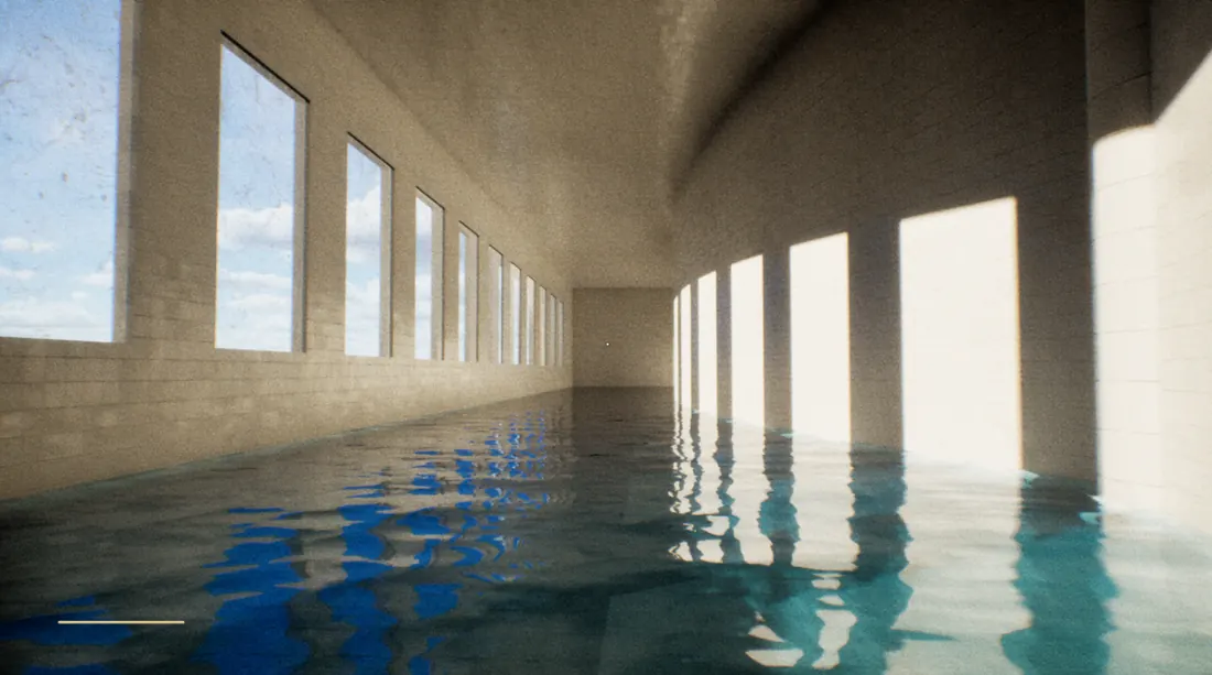 A long hallway flooded with daylight and still water
