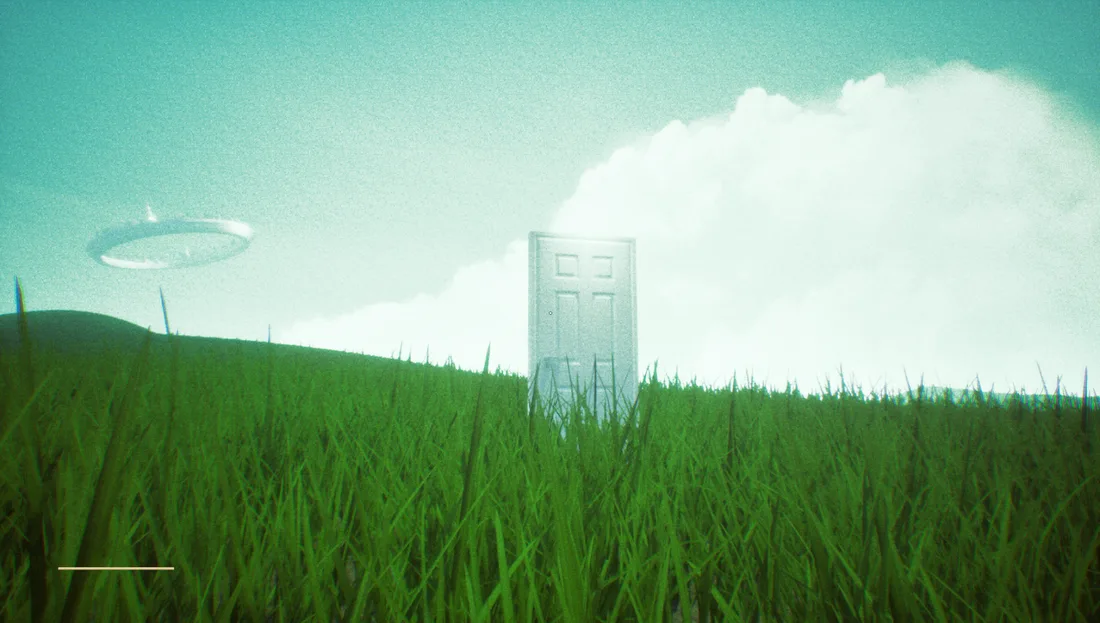 A lone white door standing in a field of tall grass on a hillside, a distant saucer hovering in the teal sky