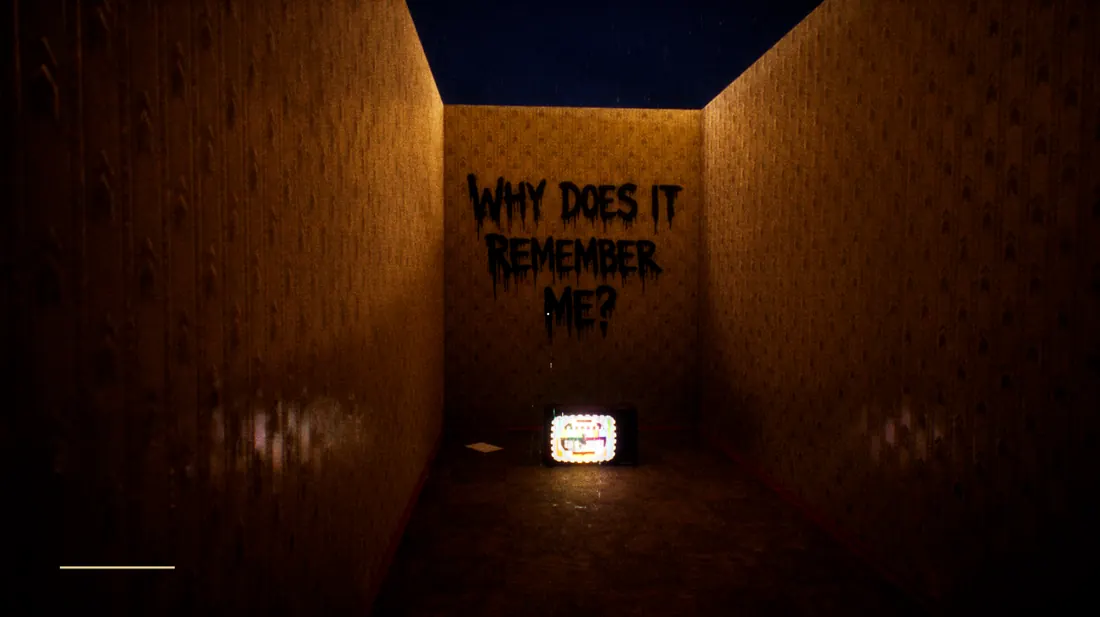A wallpapered corridor with 'WHY DOES IT REMEMBER ME?' spray-painted above a flickering television