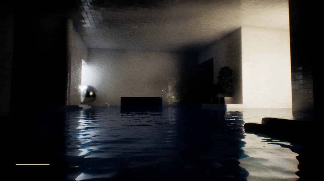 A dark tiled chamber half-submerged in black water