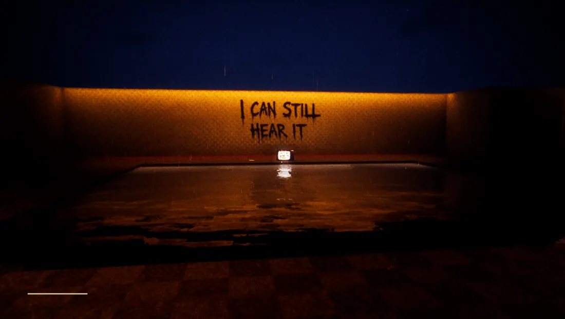 A vast chamber, the words 'I can still hear it' painted on the far wall above a small flickering television